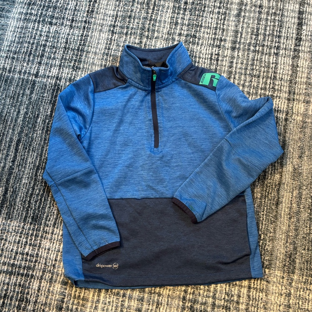 Boys Russell Blue Two-Tone Quarter-Zip Athletic Pullover with Green Accent